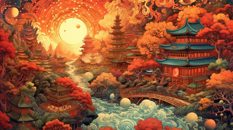 国潮中国风古典建筑楼阁背景插画,插画/手绘图,插画/手绘图库,插画/手绘图下载,插画/手绘